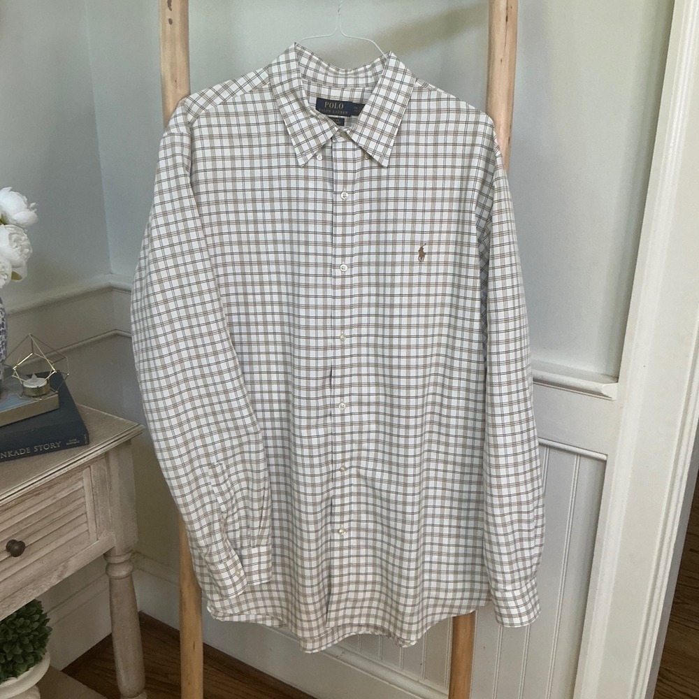 Polo Ralph Lauren Mens XXL Classic Fit Performance Plaid Button Down Shirt Tan